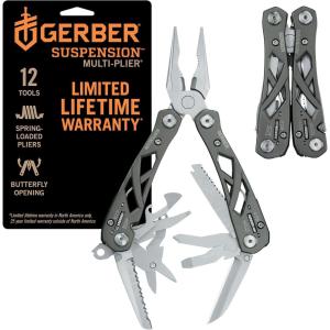 imageGerber Gear Suspension 12in1 EDC MultiPlier Multitool with Pocket Knife Needle Nose Pliers Wire Cutters and More Gifts for Men Camping and Survival GreyGrey